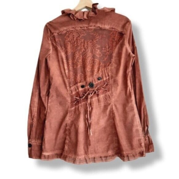 ELISA CAVALETTI Italy Button Down Boho Lace Ruffle Blouse Rust Red Sz M - Picture 2 of 10